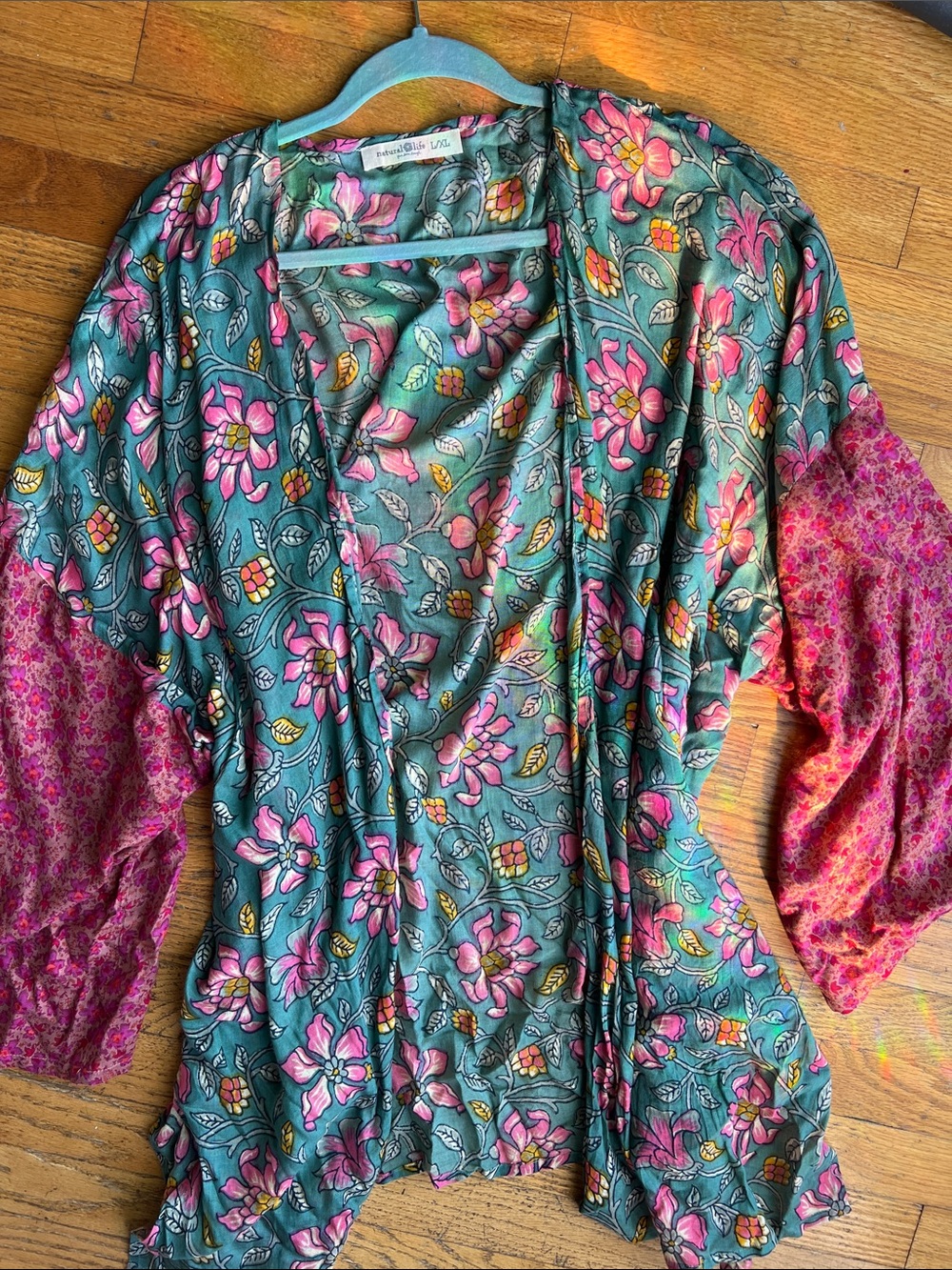 NATURAL LIFE Teal Floral Open Cardigan kimono Pink Patterned Sleeves - XL - New